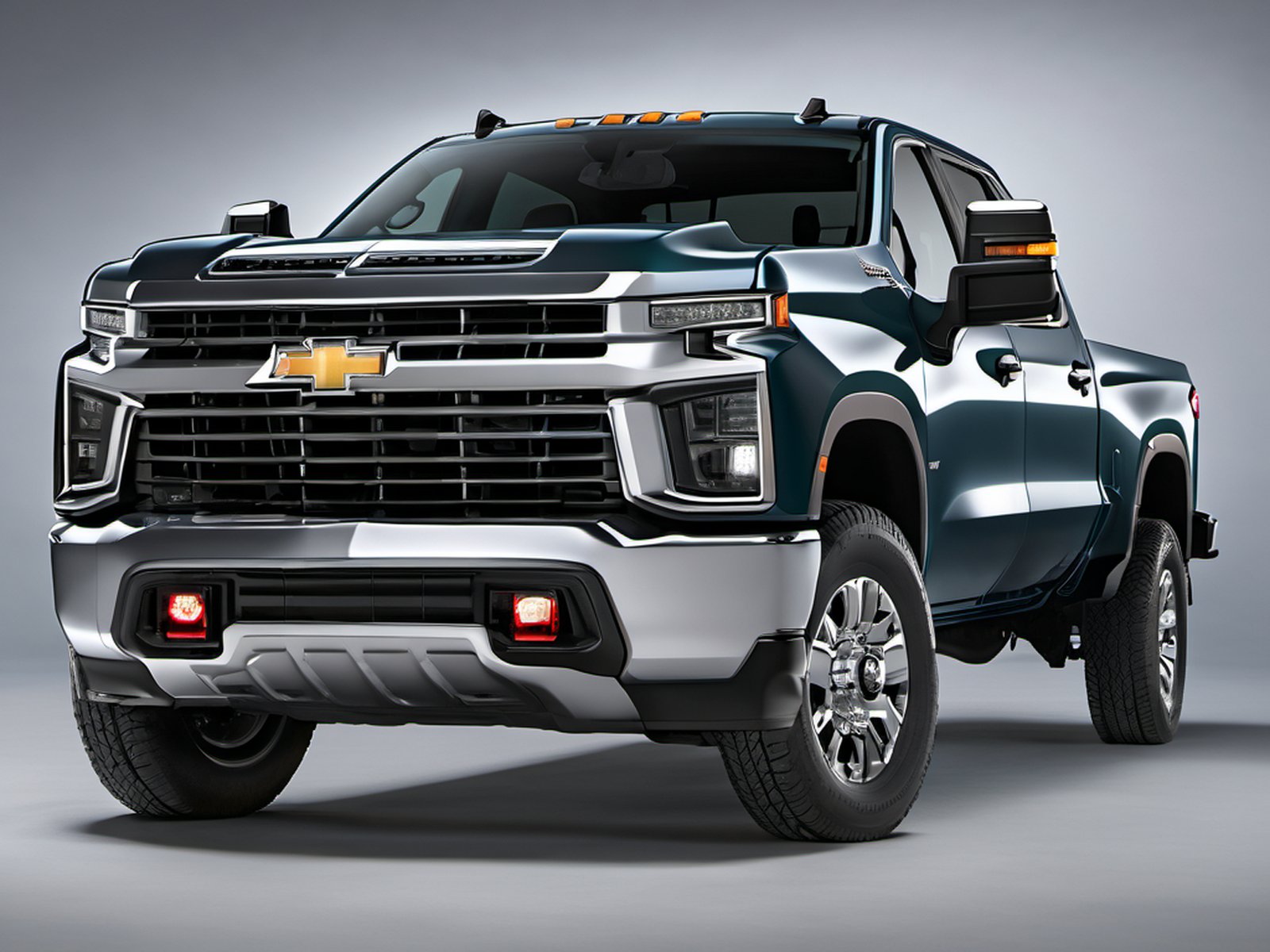Illustration: a dark-green 2023 Chevrolet Silverado 2500 HD pickup, front three-quarter view, in a grey studio.