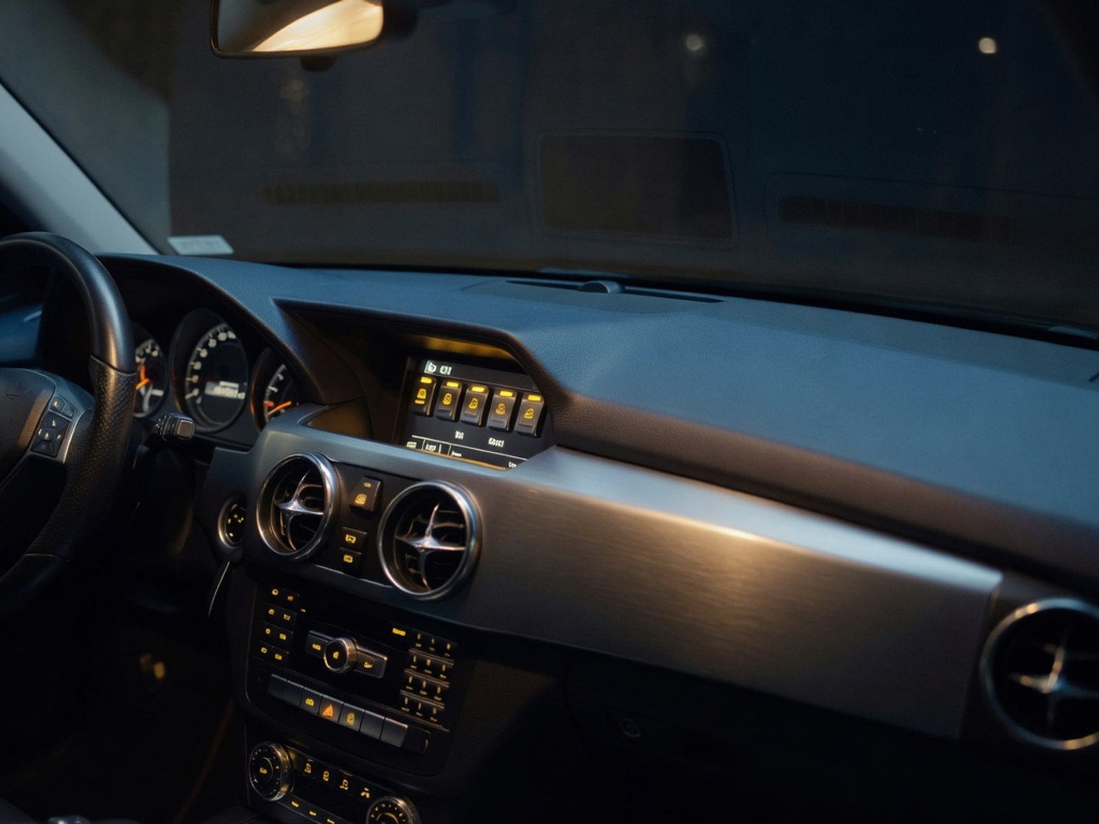 Finished service-vehicle dashboard at night with every aftermarket switch labeled and behaving.