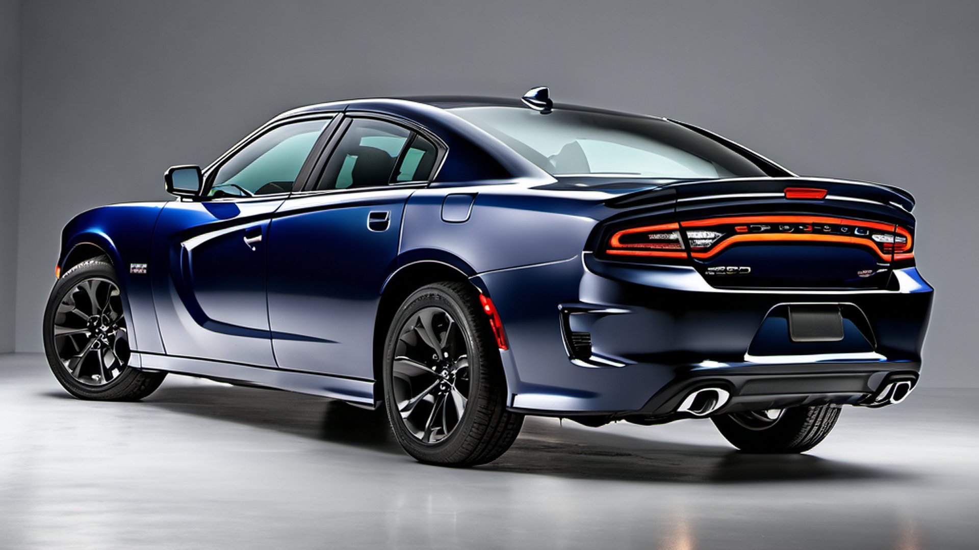 Illustration: a dark-blue 2020 Dodge Charger sedan, three-quarter rear view, in a grey studio.
