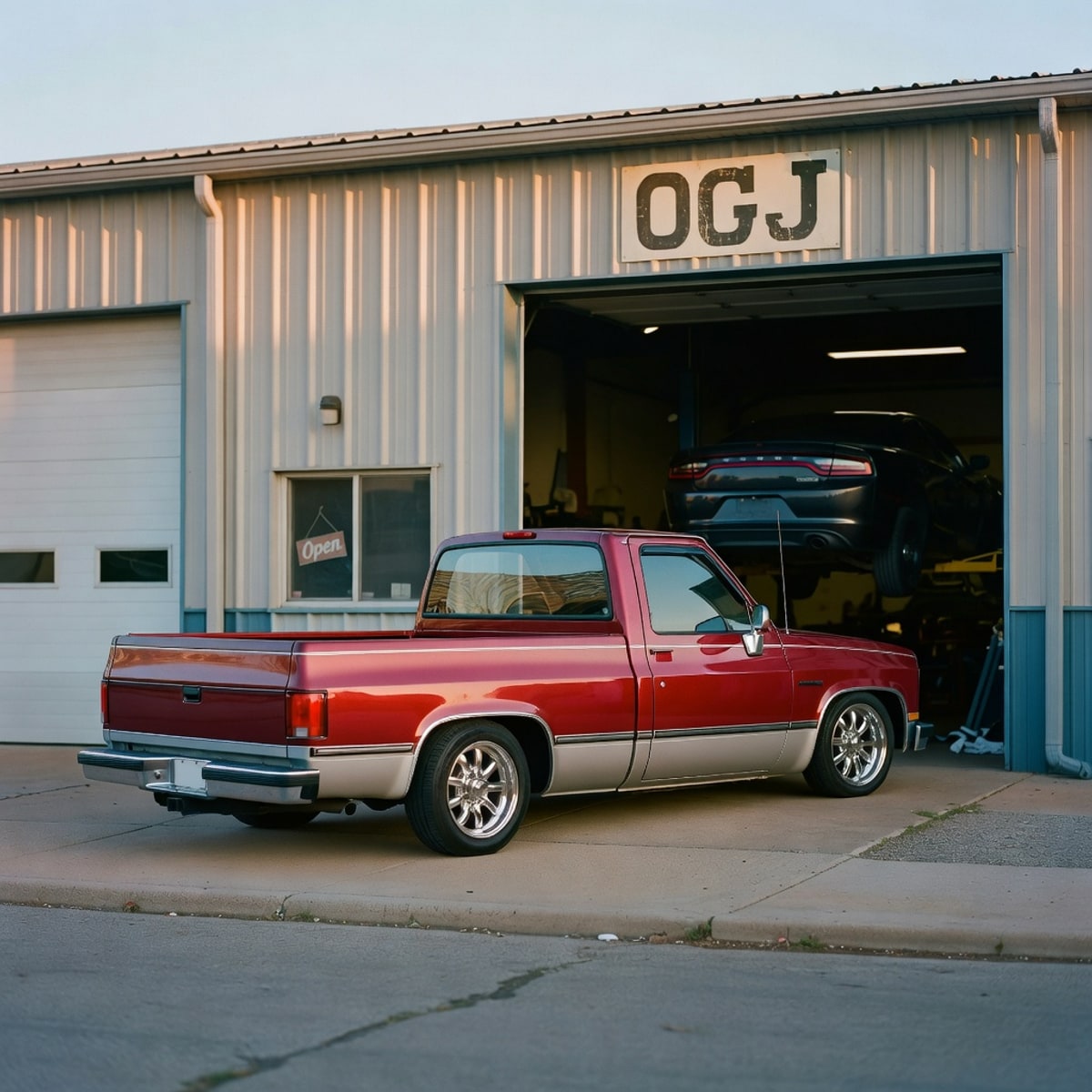 OGJ Customs shop exterior at golden hour, roll-up bay door open.
