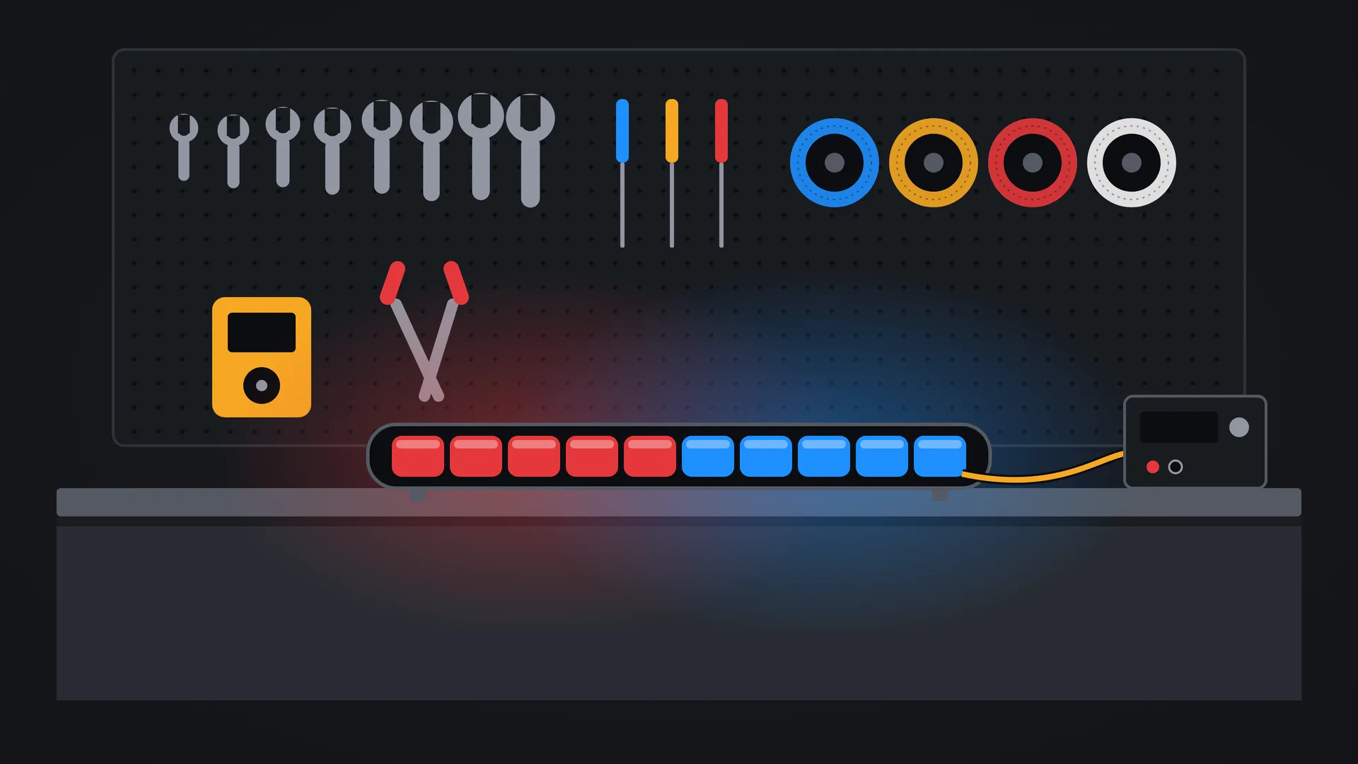 Illustration of a pegboard tool wall and workbench with a red and blue emergency lightbar lit on a bench supply.