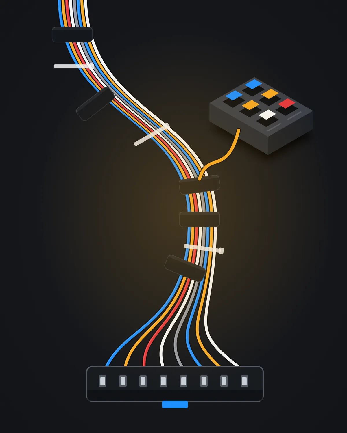 Illustration of a neatly dressed wiring harness with cable ties, running to a connector and a fuse and relay block.
