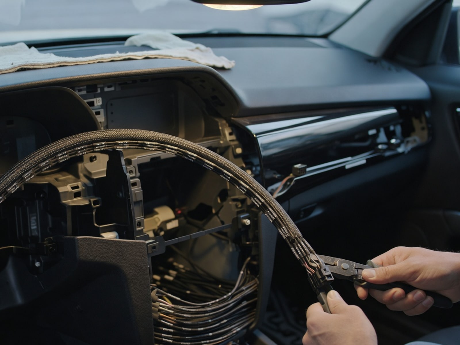 Hands routing a sheathed wiring harness through a vehicle firewall — close-up on craft.